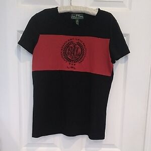 Vintage Lauren Ralph Lauren Black and Red Logo T-Shirt, Women's Medium